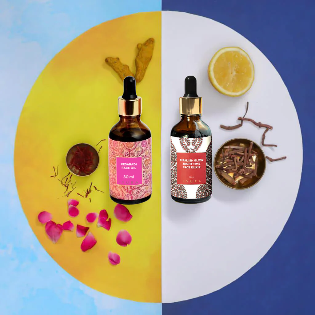 Day & Night Face Oil Duo - Best Ayurvedic Skin Oils for Morning and Evening Daily with Haldi, Manjishta, Natural Vitamin C, Vitamin E